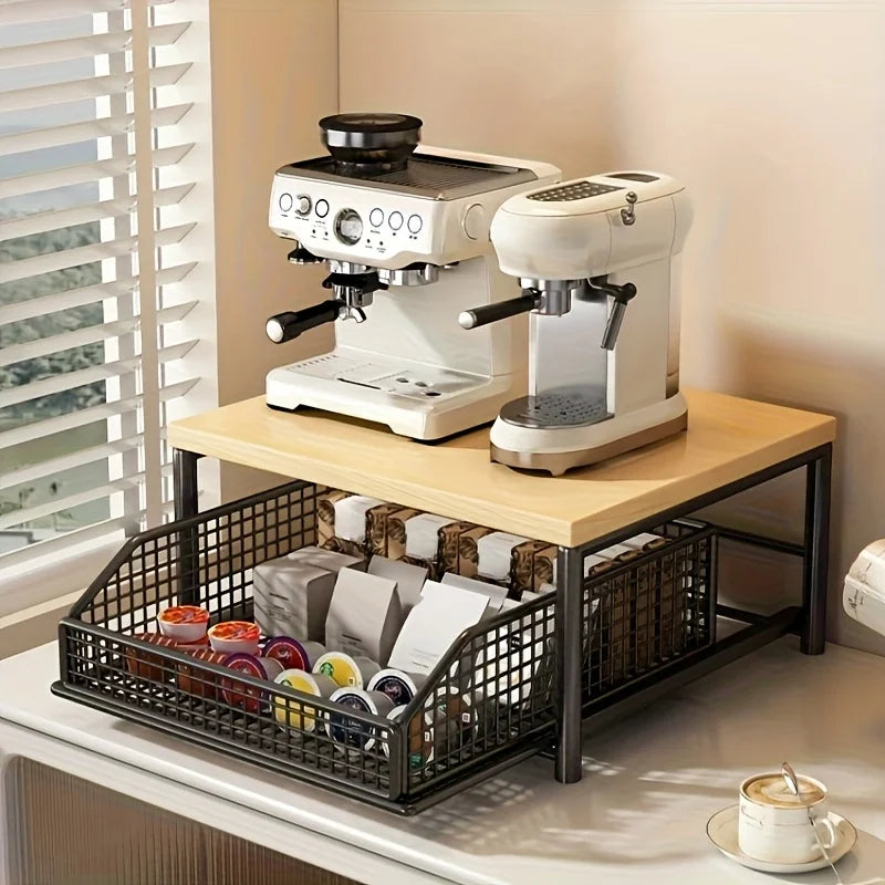 Kitchen Microwave Rack – Solid Wood Metal Storage Shelf With Drawer, Space-Saving Organizer