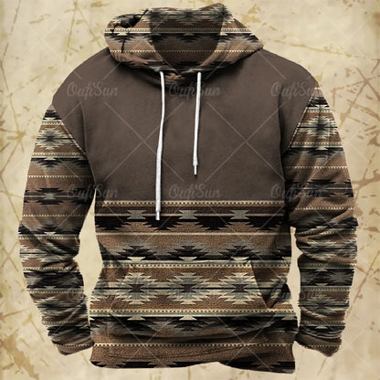 Men Hooded Vintage Print  Sweatshirt Ethnic Style Hoodie Autumn and Winter Oversized Casual Men's Clothing Daily Street Pullover