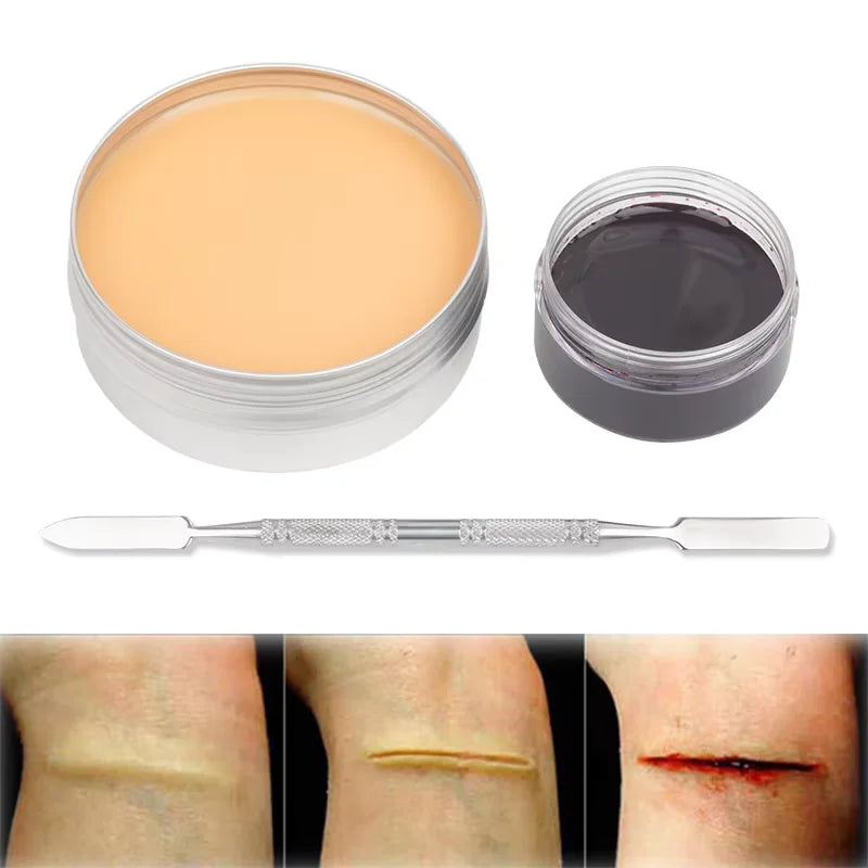 SFX Makeup Kit Scars Wax Halloween Special Effects Stage Fake Wound Skin Wax with Spatula Stipple Sponge Fake Wood Special - ZOOMNSTORE