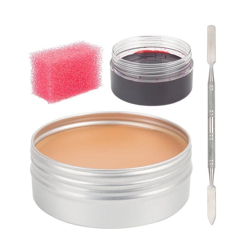 SFX Makeup Kit Scars Wax Halloween Special Effects Stage Fake Wound Skin Wax with Spatula Stipple Sponge Fake Wood Special - ZOOMNSTORE