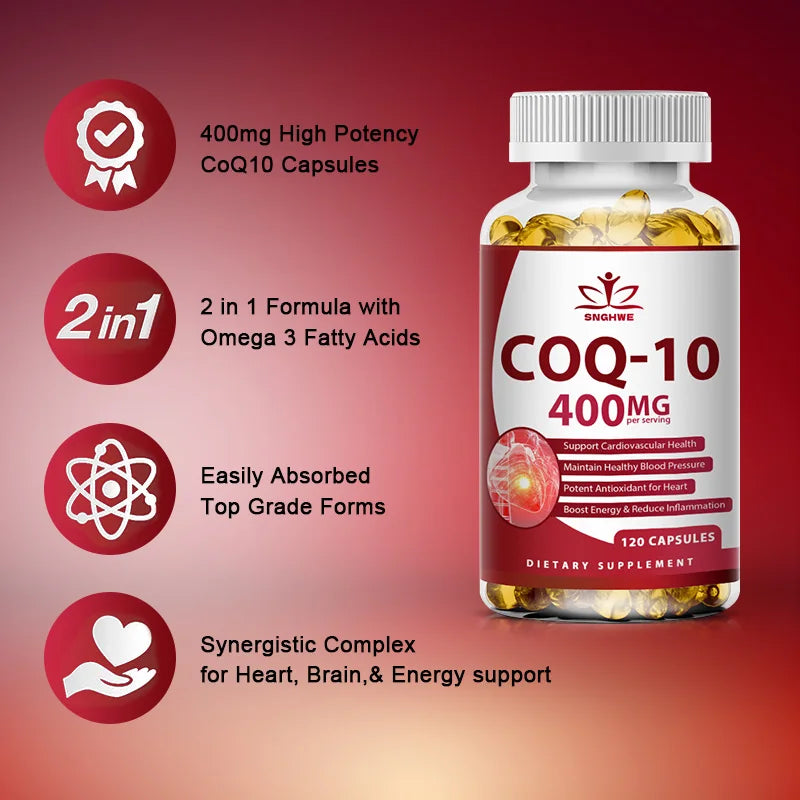 CoQ-10 Supplements 400 Mg With Omega 3 Fatty Acids Vitamin E Ultra High Absorption Coq-10 Capsules