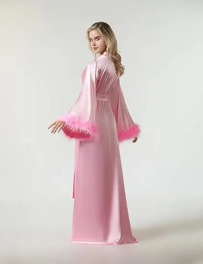 Long Feather Sleeve Bathrobe Sexy Ice Silk Kimono Wedding Bride Dress Women Loose Sleepwear Loungewear Casual Nightgown