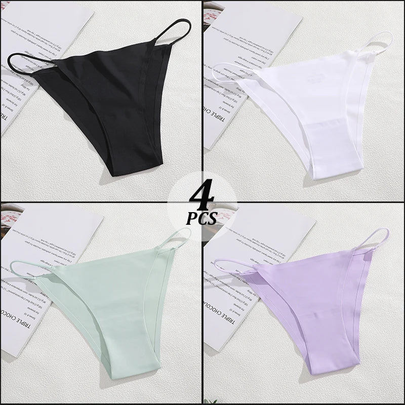 4PCS/Set Seamless Thin Strap Thong Underwear Women Low Rise Briefs Ice Silk Comfortable Panties Multi Color No Trace Lingerie
