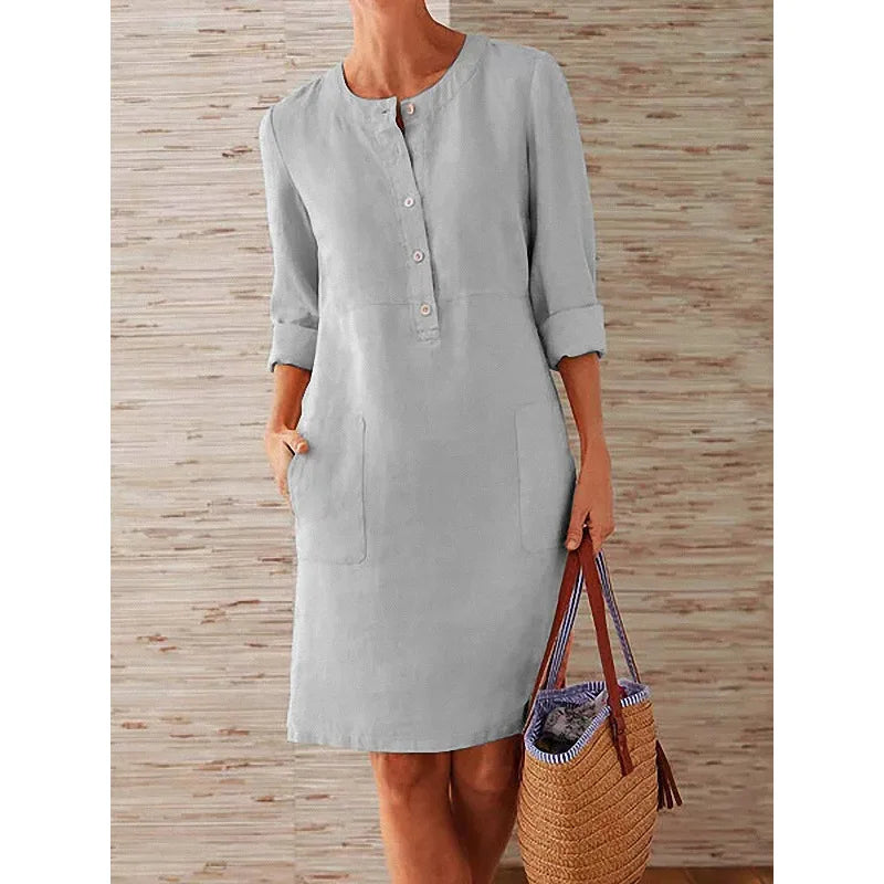 Women's Cotton Linen Tunic Dress – Vintage Long-Sleeve Oversized Mini Dress