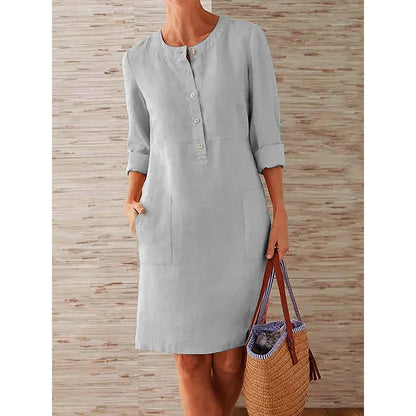 Women's Cotton Linen Tunic Dress – Vintage Long-Sleeve Oversized Mini Dress