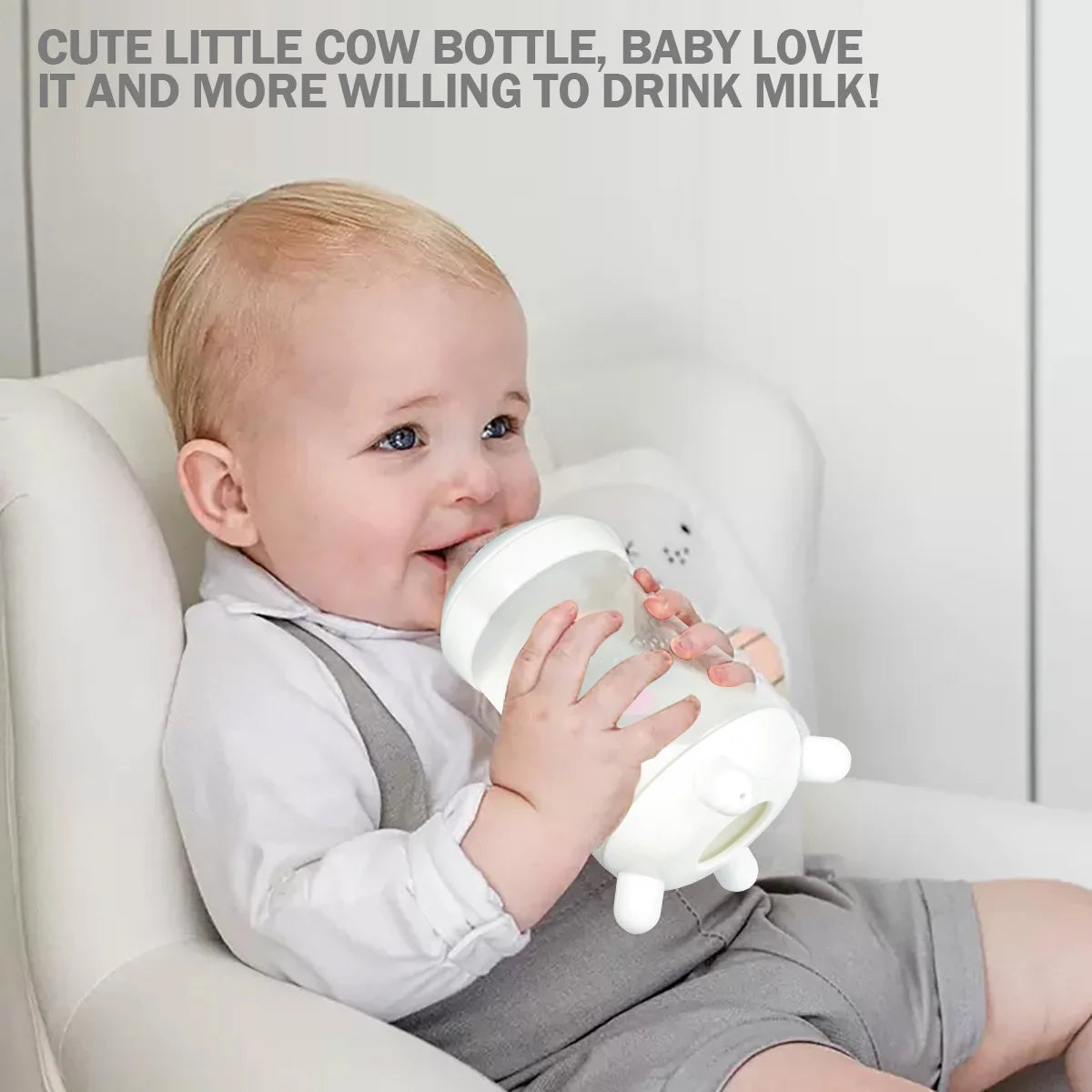 180ML/270ML cute cow shaped anti bloating baby PP bottle without handle, silicone replacement nipple available for sale