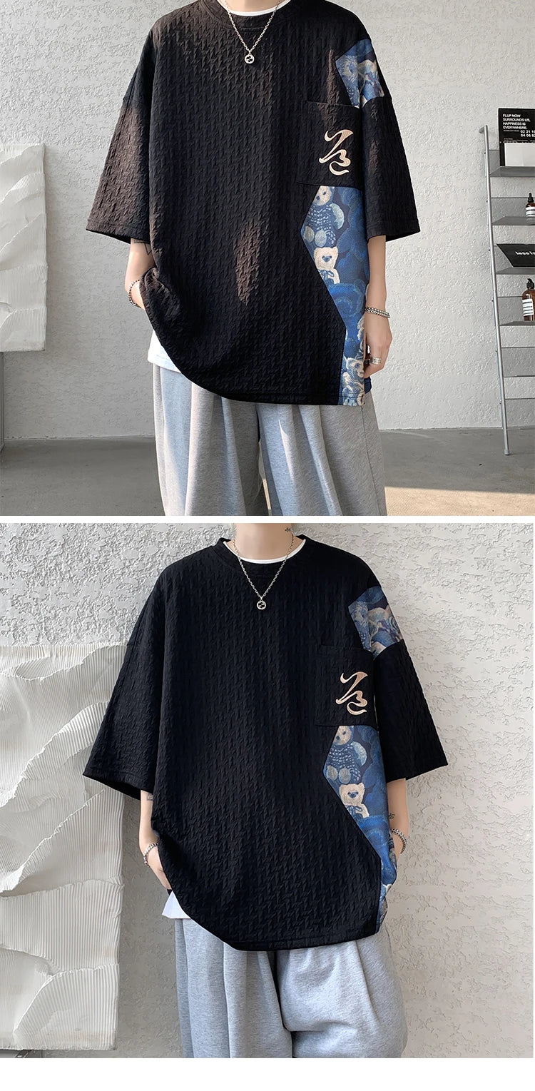 Patchwork Contrast Color T Shirt Men Summer Fashion Top Tees Unisex Harajuku T-shirt Male Half Sleeve TShirts Blue White Black