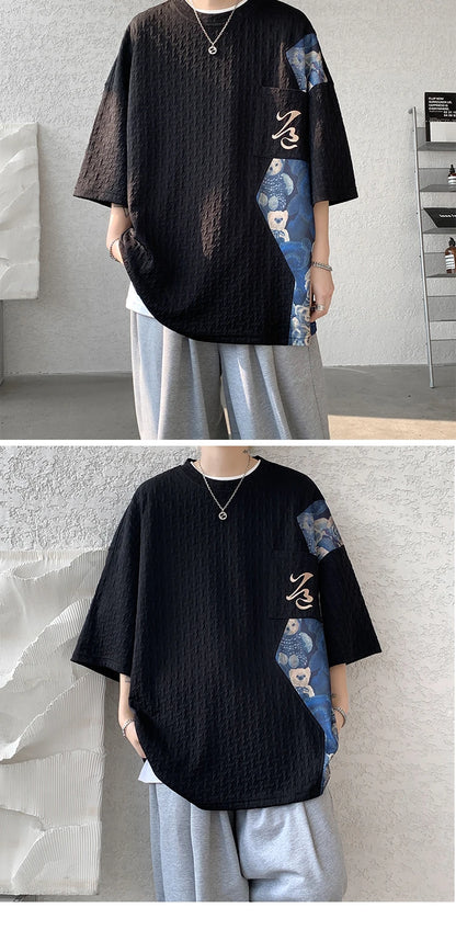 Patchwork Contrast Color T Shirt Men Summer Fashion Top Tees Unisex Harajuku T-shirt Male Half Sleeve TShirts Blue White Black