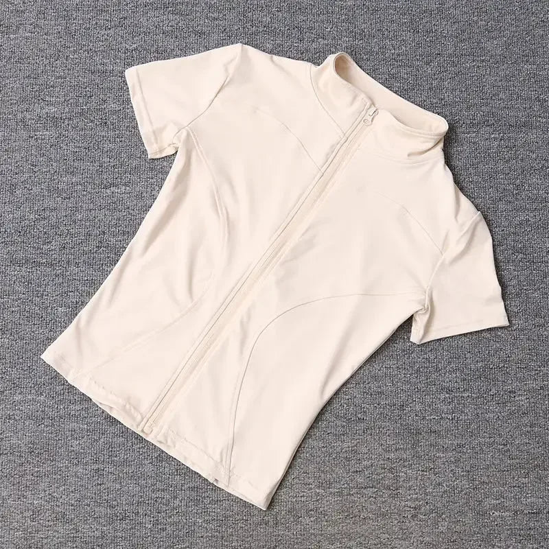 Summer High Quality Waist Slimming Training Tops Women's Quick-drying Tight Stand Collar Full Zipper Short Sleeves Yoga shirts