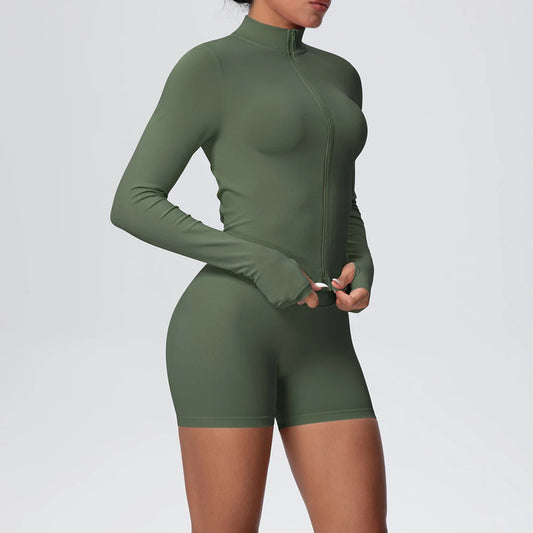 Women Gym Set - Seamless Yoga Suit With Zip Shirt & Cycling Shorts Activewear