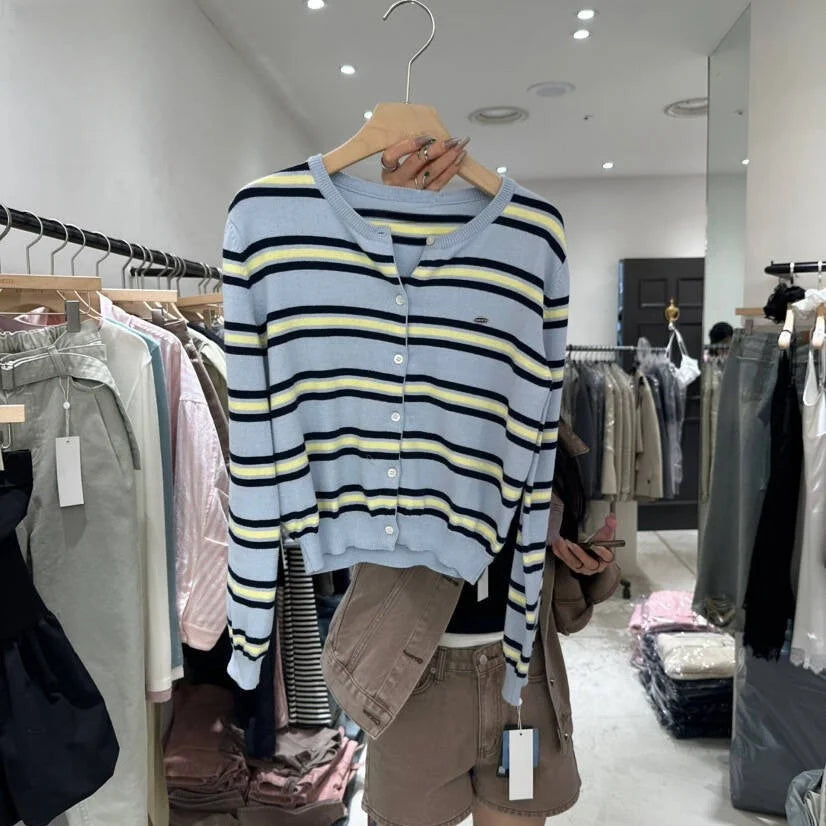 Spring New Classic Striped round Neck Button up Soft Knitted Open Cardigan Fashionable Design Sensation Women's Sweater