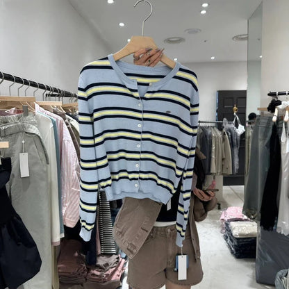 Spring New Classic Striped round Neck Button up Soft Knitted Open Cardigan Fashionable Design Sensation Women's Sweater