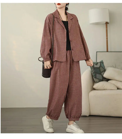 Retro Stripe Cotton And Linen Suit 2024 Women's Autumn Temperament Casual Wide Leg Harem Pants Loose Oversized 2 Piece Set K2478