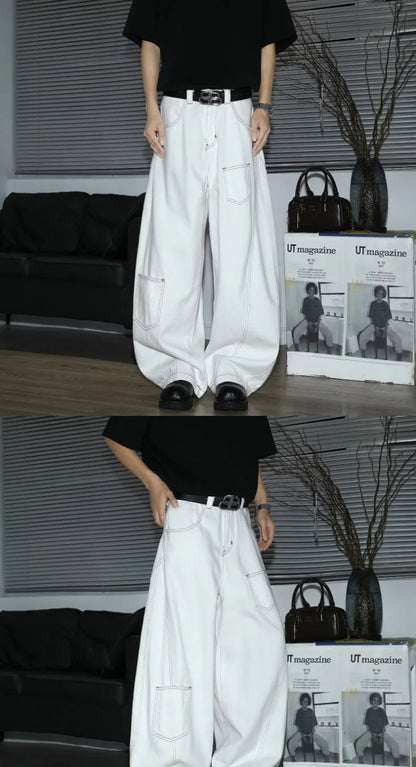 Y2K Men's Jeans White High-Waisted Wide-Leg Denim Pants Retro Baggy Style Fashion Loose Fit Casual Denim Trousers Streetwear