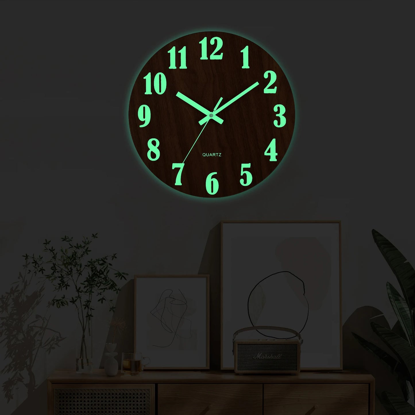 Luminous 12 Inch Silent Wall Clock - Nordic Wood Design with Night Light