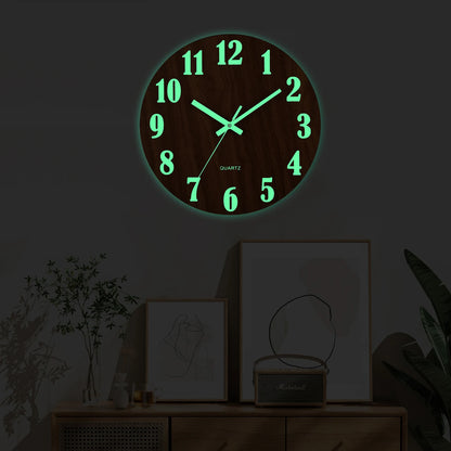 Luminous 12 Inch Silent Wall Clock - Nordic Wood Design with Night Light