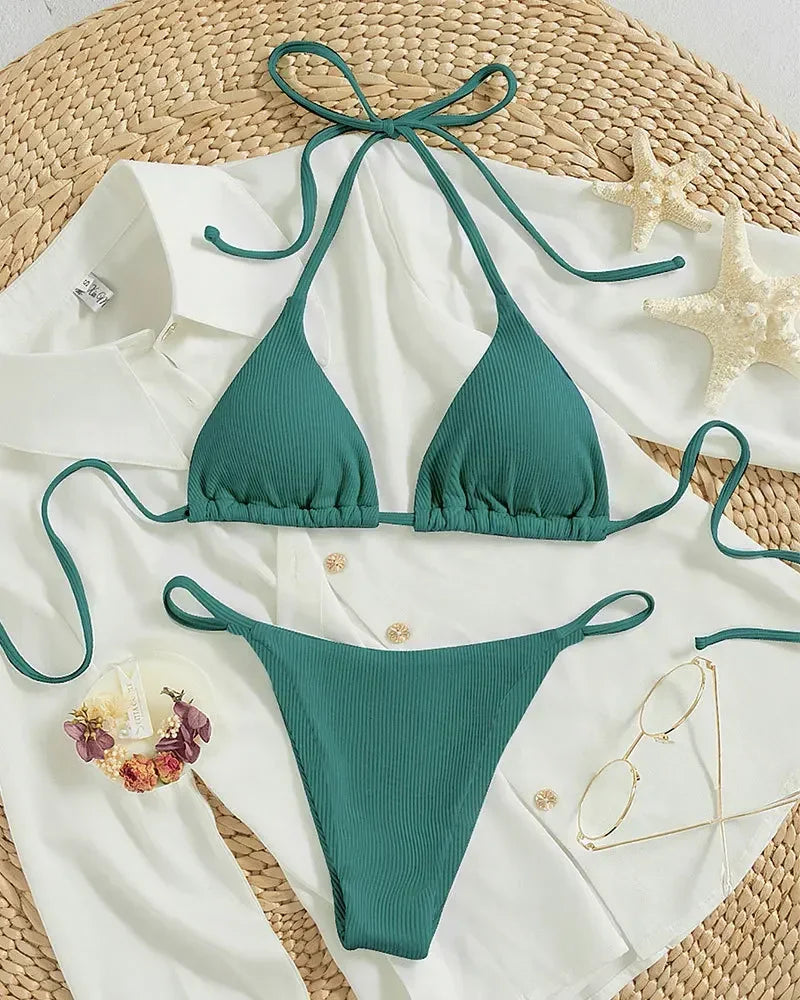 Sexy Women Thong Solid Color Bikini Set Side Halter Tie Swimsuit Ladies Split Strap Adjustable Brazilian Swimwear Beachwear