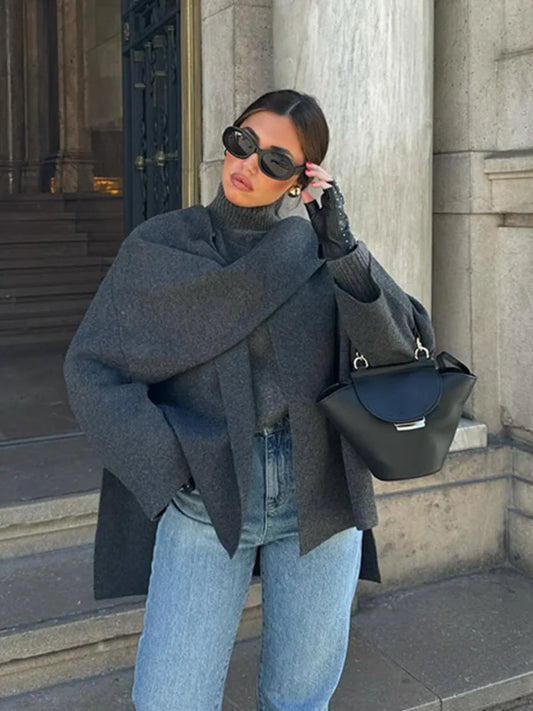 Knitted Coat Women – Warm Autumn Coat Female With Scarf Collar & Button Closure