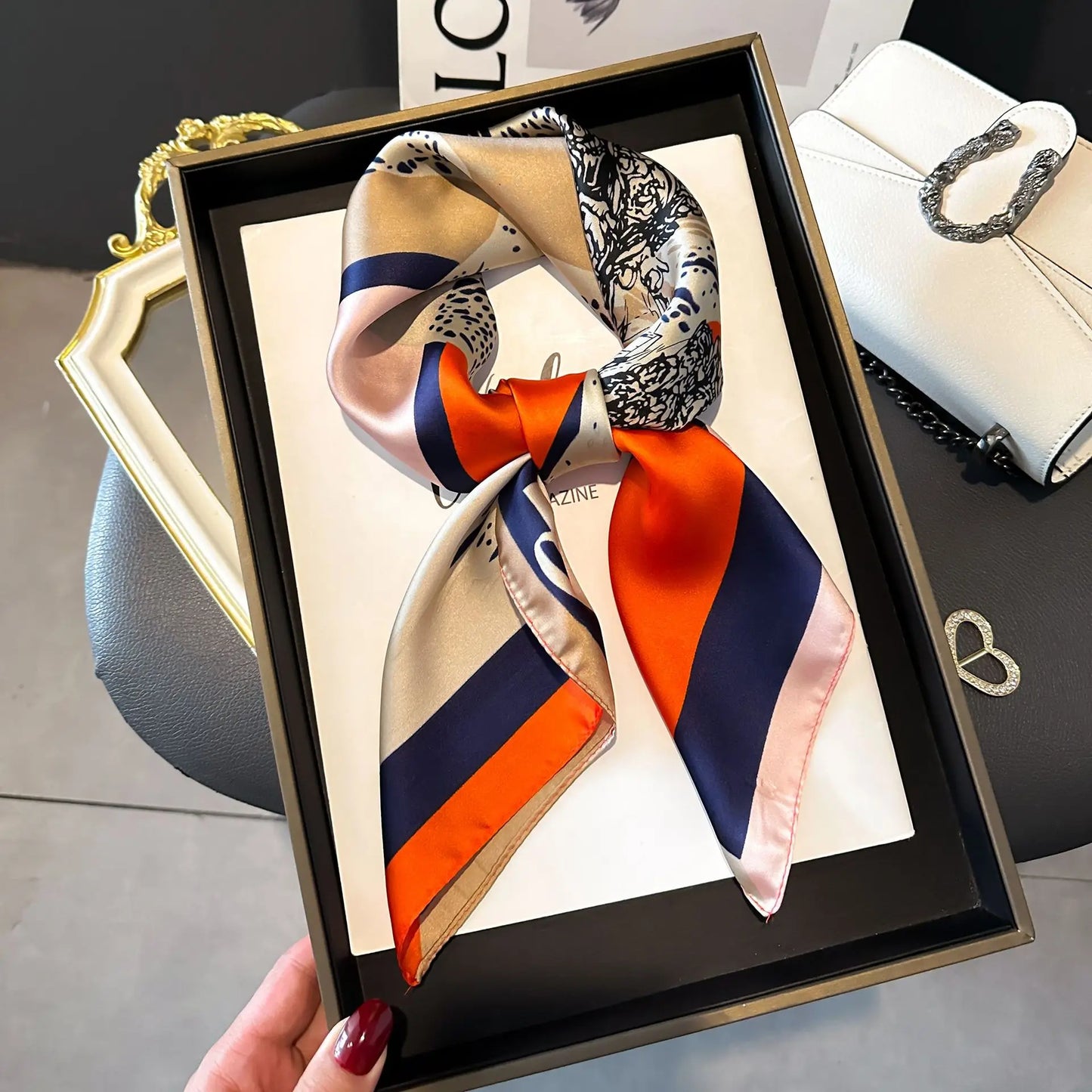 Luxury Silk Scarf - Chain Print Thin Neck Scarf for Women 70x70cm