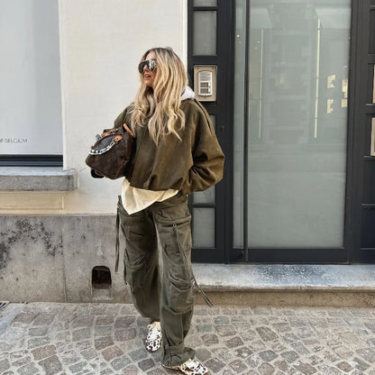 Vintage Suede Green Bomber Jacket Women Loose Lapel Full Sleeve Zipper Commute Coat 2025 Autumn Lady High Street All-match Coats