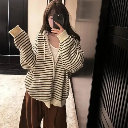 Hong Kong Style Striped Hooded Knitted Sweater Coat Women's Open Cardigan Spring Autumn Winter New Drawstring Zipper Versatil...