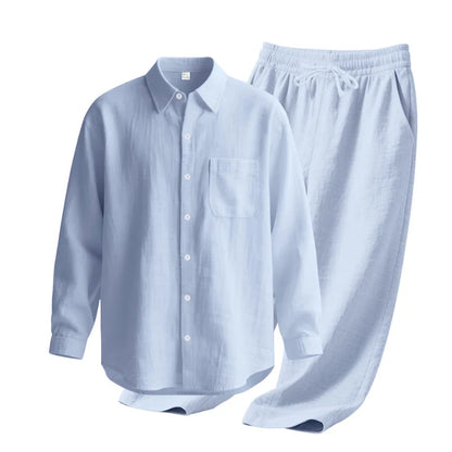 Men's Autumn Loose Trend Linen Solid Color Simple Lapel Long-Sleeved Shirt Beach Trousers Set
