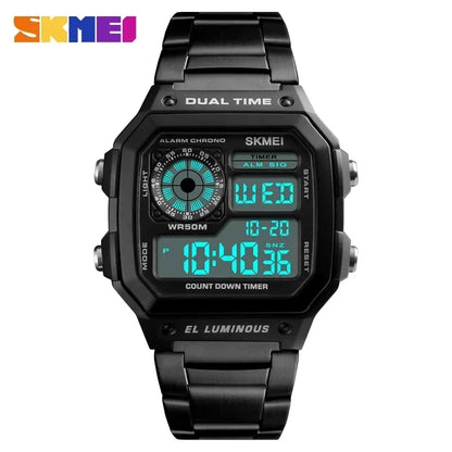 Digital Sport Watch - Men's Waterproof Stainless Steel Band Retro Chronograph Wristwatch