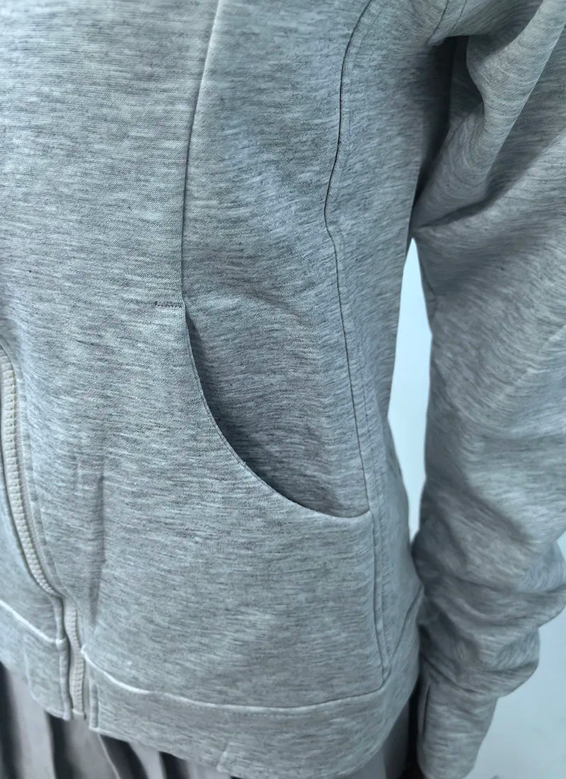 Gray Zipper Hooded Sweatshirt Women 2026 New Korean Slim Fit Cardigan Long Sleeve Coat Woman Solid Pockets Sports Hoodies Jacket