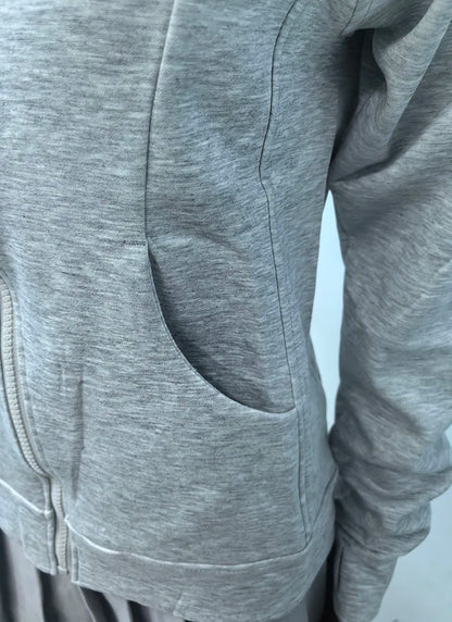 Gray Zipper Hooded Sweatshirt Women 2026 New Korean Slim Fit Cardigan Long Sleeve Coat Woman Solid Pockets Sports Hoodies Jacket