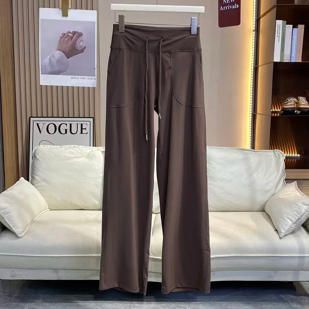 Women's Loose-Fit Sports Pants with Pockets, Straight-Leg High-Waist Athletic Fitness Pants, Yoga Pants, Pilates Trousers