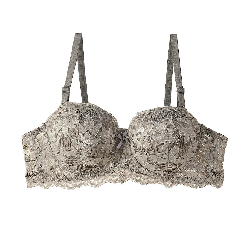 Women's Push Up Half Cup Bras French Lace Floral Bralette Thicken Bottom Gathered Underwire 36-42 A/B Cup Small Chest Underwear