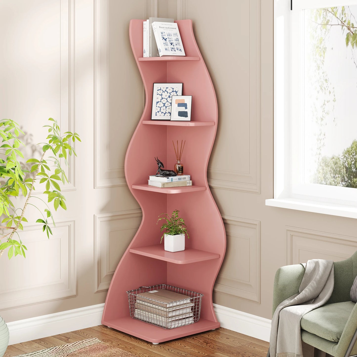 Corner Bookshelf - Modern 5-Tier Shelf | Stylish Wooden Storage Rack