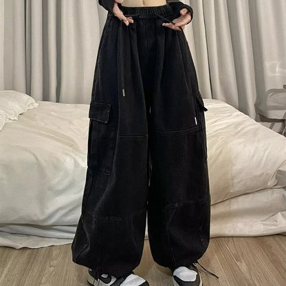 Cargo Pants Women Solid Color Japanese Loose Thin Straight Wide-leg High Waist Trousers High Street Basics Casual Pants Female