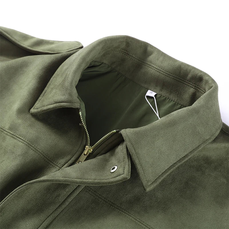 Vintage Suede Green Bomber Jacket Women Loose Lapel Full Sleeve Zipper Commute Coat 2025 Autumn Lady High Street All-match Coats