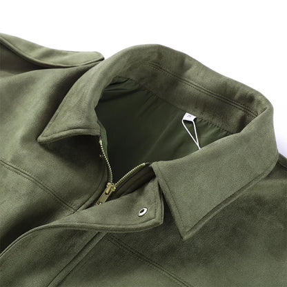 Vintage Suede Green Bomber Jacket Women Loose Lapel Full Sleeve Zipper Commute Coat 2025 Autumn Lady High Street All-match Coats