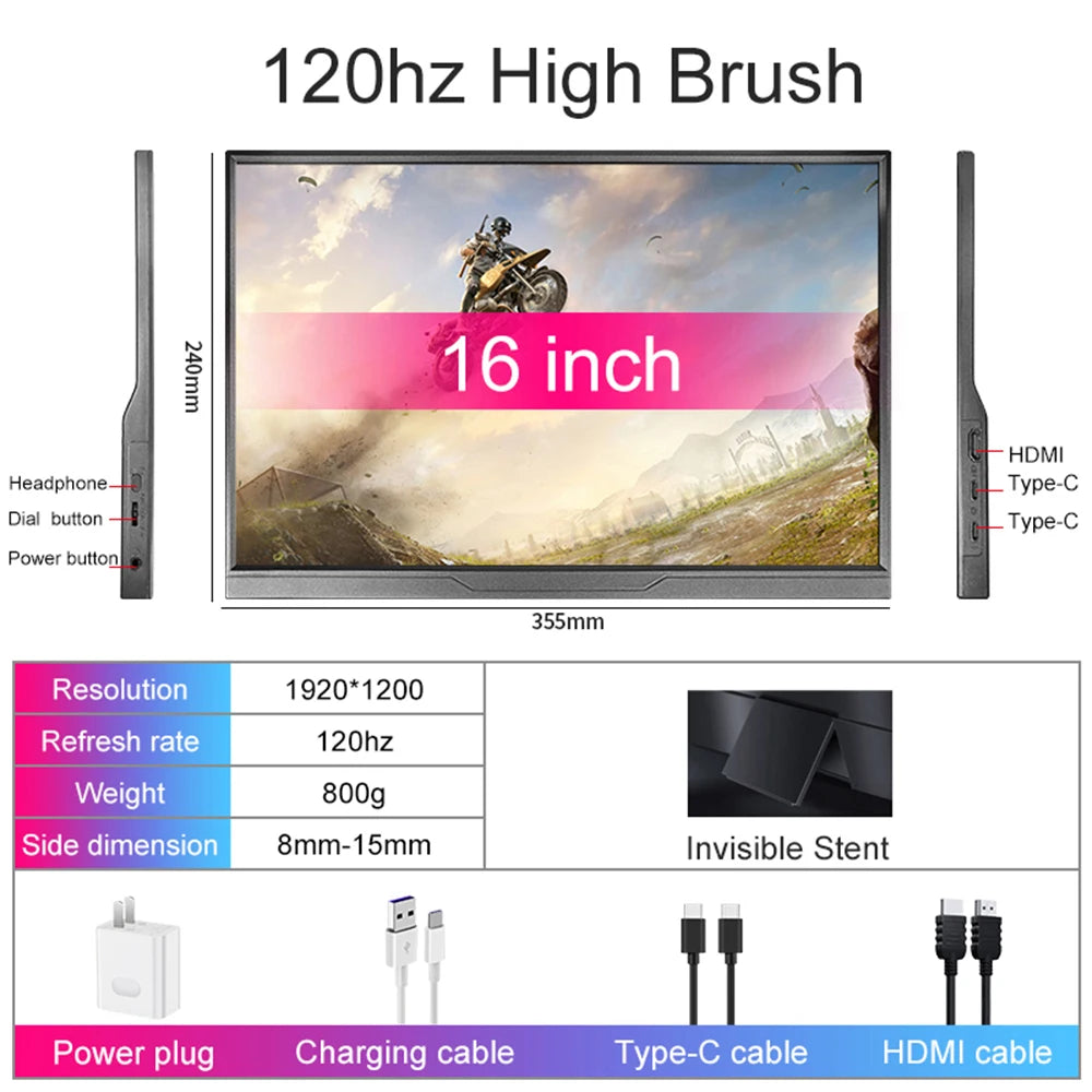 16inch Portable Monitor - USB C Portable Display | IPS Panel Slim Travel Monitor