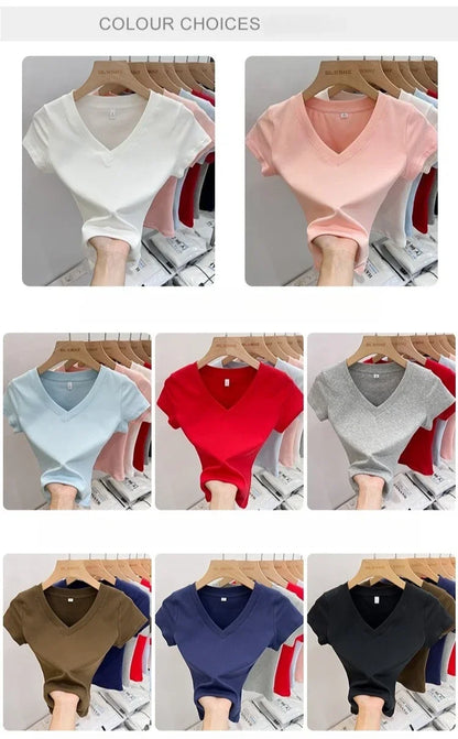 Summer Sexy V-neck Slim T Shirt Women Cotton Basic Solid Crop Tops Female Casual Tops Short Sleeve T-shirts 2026