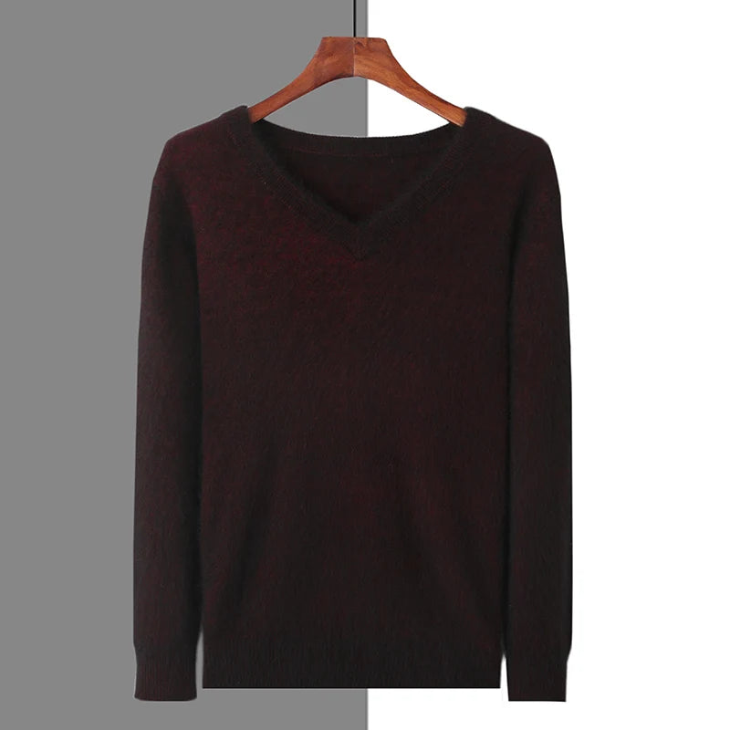 Men's 100% Pure Mink Cashmere Sweater V-neck Pullover Knit Bottoming Shirt Autumn And Winter New Long-Sleeve High-End Mink Tops