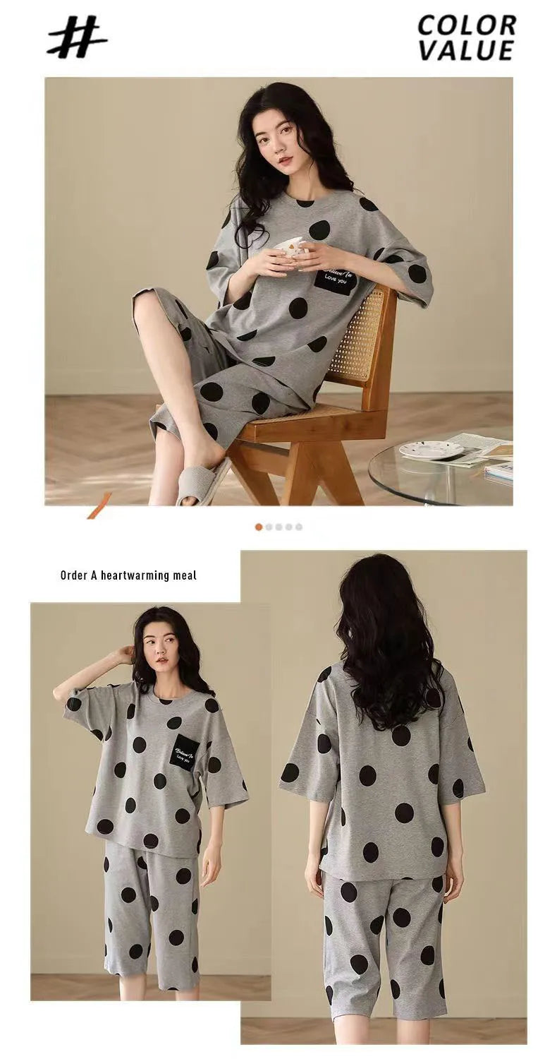 Women Pajamas Sets Plus Size Summer Silk Sleepwear Ladies Thin Short-Sleeved Seven Pants O-Neck Casual Cat Home Wear Night Wear