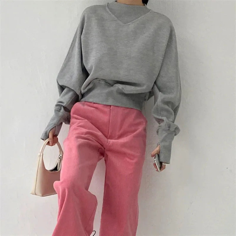 Fashion Waist Cinched Cropped Sweatshirts Women Autumn Harajuku Casual Oversized Pullover Lady Gray Long Sleeve Crewneck Hoodies