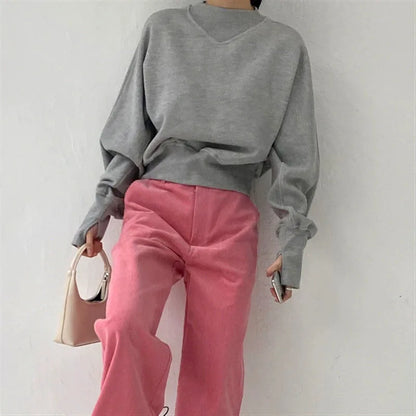 Fashion Waist Cinched Cropped Sweatshirts Women Autumn Harajuku Casual Oversized Pullover Lady Gray Long Sleeve Crewneck Hoodies