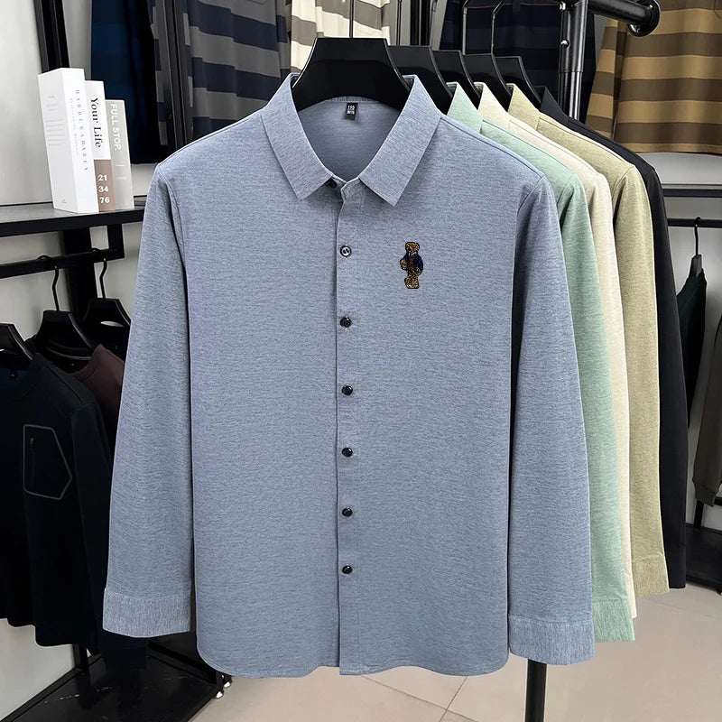 High-End Man Long-Sleeved Shirt Lapel Single-Breasted Bear Embroidery Spring New Shirt Fashion Versatile Leisure Men's Clothing
