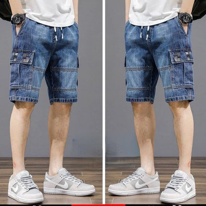 Denim Knee Length Shorts - Casual Loose Fit Multi Pocket Boyfriend Style Jeans