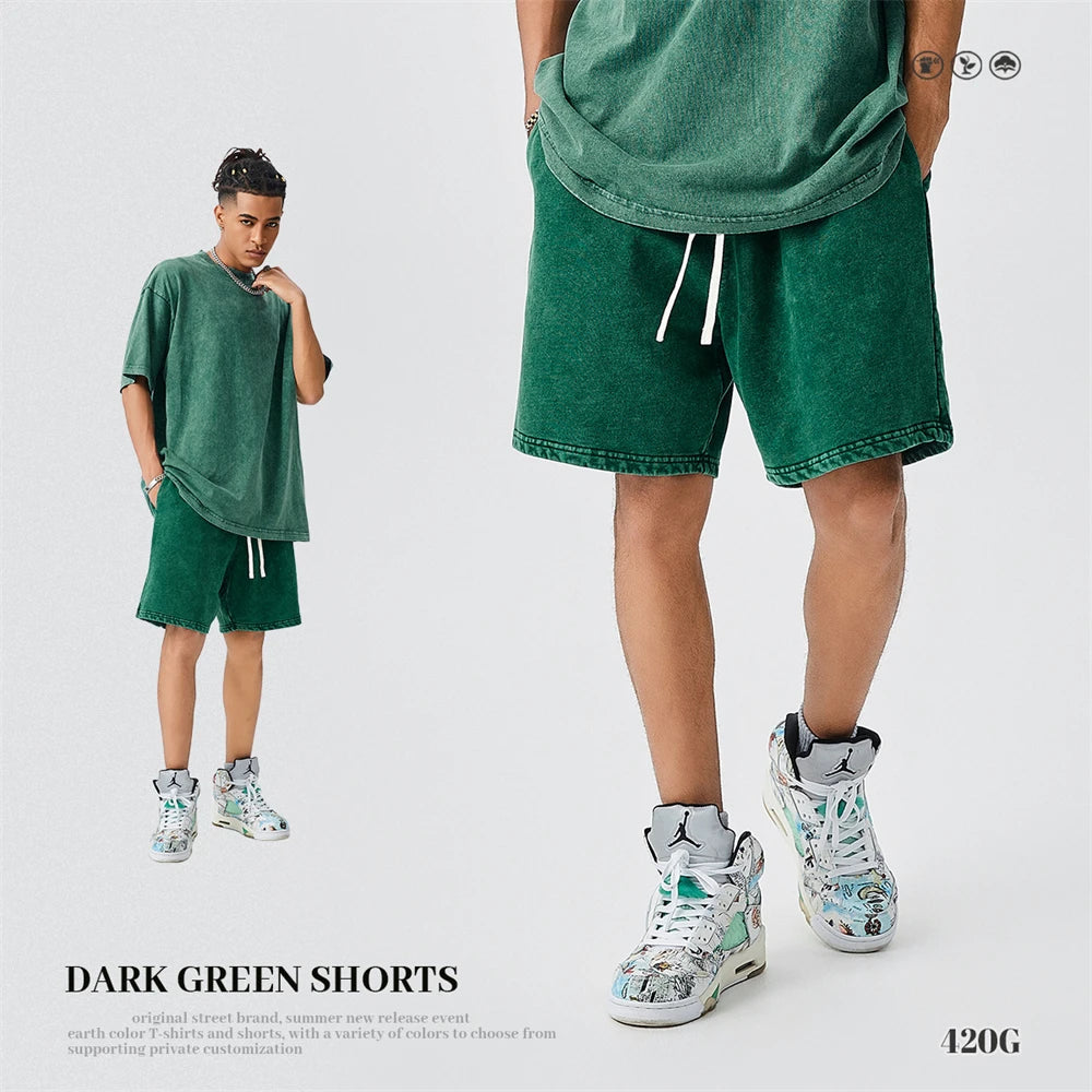ZODF Trendy Batik Washed 420gsm Cotton Shorts For Men Retro Unisex Basic Heavy Weight Loose Solid Shorts Brand Bottoms HY0855