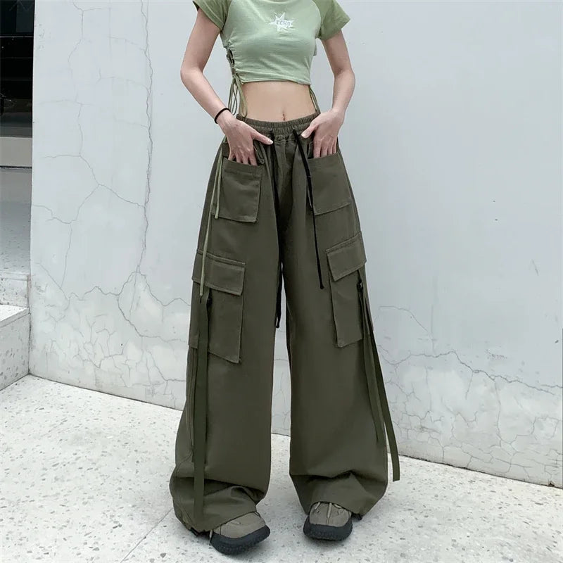 High Quality 2025 Cotton High Street Cargo Pants for Women Men with Ribbon High Waist Wide Leg Hip-hop Cool Dances Pants Ladies