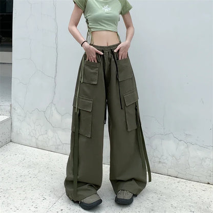 High Quality 2025 Cotton High Street Cargo Pants for Women Men with Ribbon High Waist Wide Leg Hip-hop Cool Dances Pants Ladies