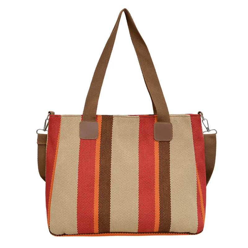 Striped Canvas Tote - Women's Crossbody Shoulder Bag With Zipper Closure, Versatile Daily Use