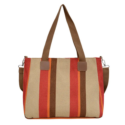 Striped Canvas Tote - Women's Crossbody Shoulder Bag With Zipper Closure, Versatile Daily Use