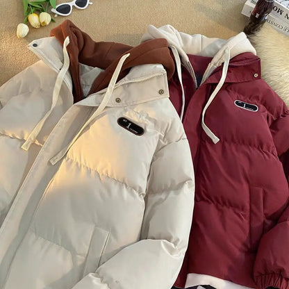 Hooded Padded Coat - Women Winter Jacket With Zipper Contrast & Thick Cotton