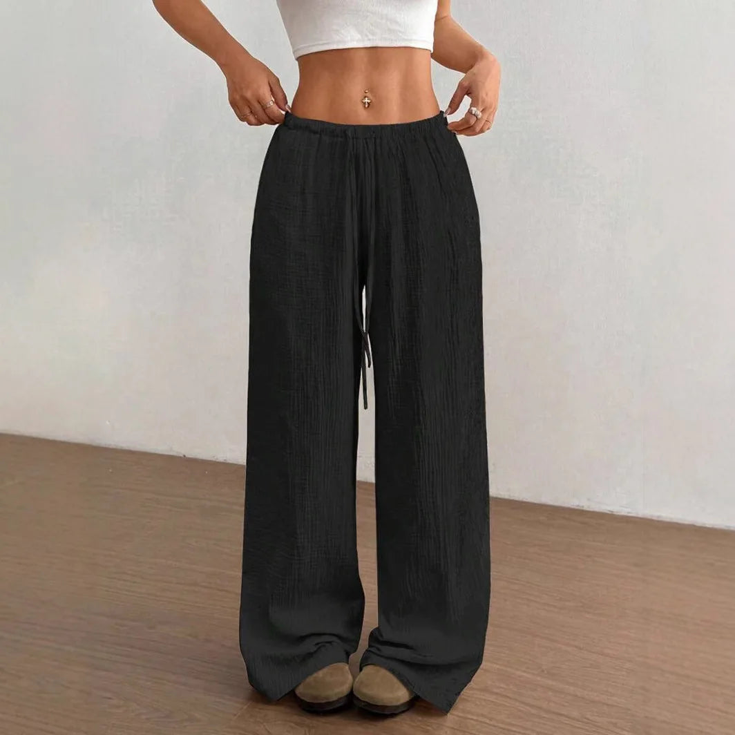 Women's Elegant Multi-Functional Stretch Waist Comfortable Casual Pants, Slightly Stretchy Simple Solid Textured Fabric High-Waist Wide-Leg Pants with Drawstring Waist and Slanted Pockets